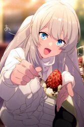 Rule 34 | 1girl, alternate costume, aran sweater, black pantyhose, blue eyes, blush, cable knit, casual, commentary request, echo (circa), fate/grand order, fate (series), food, fork, fruit, holding, holding fork, long hair, long sleeves, looking at viewer, marie antoinette (fate), open mouth, pantyhose, sitting, smile, solo, strawberry, sweater, twintails, twitter username, very long hair, white hair, white sweater
