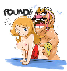 Rule 34 | ..., 1boy, 1girl, ahegao, arm support, ass, ass grab, blue eyes, blush, breasts, brown hair, clothes lift, commentary, doggystyle, english text, facial hair, fingerless gloves, gloves, helmet, hetero, highres, large breasts, long hair, mona (warioware), mustache, nintendo, nipples, nude, open mouth, orange hair, robojanai, sex, sex from behind, smile, spoken ellipsis, sweat, tongue, toon (style), topless, wario, warioware