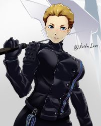 Rule 34 | 1girl, absurdres, black gloves, blue eyes, breasts, brown hair, carabiner, commentary request, death stranding, forehead, fragile (death stranding), from below, gloves, hair pulled back, highres, koda1ra, large breasts, lips, looking at viewer, military, military uniform, parasol, parted lips, pinky out, rope, short hair, shoulder pads, solo, twitter username, umbrella, uniform