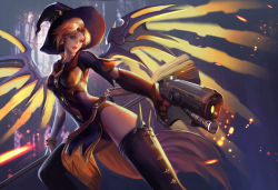 Rule 34 | 1girl, aiming, aiming at viewer, broom, fan yang (jiuge), gun, hat, mechanical wings, mercy (overwatch), official alternate costume, open mouth, overwatch, overwatch 1, pelvic curtain, smile, solo, thighhighs, weapon, wings, witch hat, witch mercy