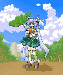 Rule 34 | blue eyes, bow, forest, full body, hair bow, long hair, lowres, mof, mof&#039;s silver haired twintailed girl, nature, oekaki, original, outdoors, silver hair, skirt, solo, thighhighs, twintails, very long hair, zettai ryouiki
