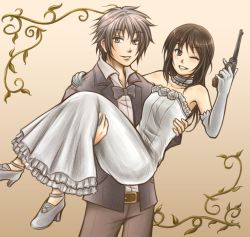 Rule 34 | 1boy, 1girl, arm around shoulder, bare shoulders, belt, belt buckle, black bow, black bowtie, blue eyes, bow, bowtie, brown eyes, brown hair, buckle, carrying, coppelion, dress, elbow gloves, formal, gloves, gun, handgun, high heels, highres, kurosawa haruto, long hair, looking at viewer, luger p08, naruse ibara, one eye closed, princess carry, shoes, silver hair, smile, suit, thaumana, traditional bowtie, weapon, wedding, wedding dress, white dress