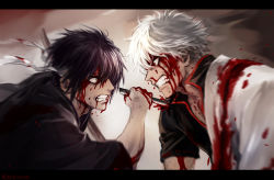Rule 34 | 2boys, black hair, black shirt, blood, blood from mouth, blood on clothes, bokken, clenched teeth, eye contact, from side, gintama, hadanugi dousa, highres, holding, holding sword, holding weapon, injury, japanese clothes, kimono, letterboxed, looking at another, male focus, multiple boys, profile, sakata gintoki, shirt, short sleeves, stab, sword, takasugi shinsuke, teeth, upper body, uraki (tetsu420), v-shaped eyebrows, weapon, white hair, white kimono, wide-eyed, wooden sword