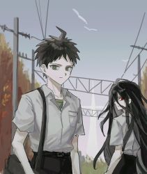 Rule 34 | 2boys, ahoge, bag, black hair, black pants, brown eyes, brown hair, closed mouth, collared shirt, danganronpa (series), danganronpa 2: goodbye despair, green shirt, grey shirt, hair between eyes, hinata hajime, kamukura izuru, long hair, looking at viewer, male focus, mnm47579553, multiple boys, outdoors, pants, power lines, shirt, shirt tucked in, short hair, short sleeves, shoulder bag