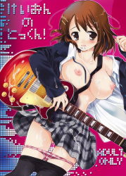 Rule 34 | 00s, 1girl, blush, breasts, hair ornament, hairclip, highres, hirasawa yui, instrument, k-on!, large breasts, mouth hold, nipples, open clothes, panties, panty pull, school uniform, solo, underwear