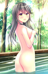 Rule 34 | 1girl, :d, ass, blush, breasts, brown eyes, commentary request, convenient arm, from behind, grey hair, hair ornament, hairclip, haruna (kancolle), kantai collection, long hair, looking at viewer, medium breasts, nude, onsen, open mouth, smile, solo, standing, tree, wading, yuzukaze rio