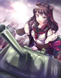 Rule 34 | 1girl, animal ears, arknights, bear ears, black hair, black jacket, blue eyes, burning, cardigan, cityscape, commentary, fang, fur-trimmed jacket, fur trim, hand up, highres, holding, holding weapon, jacket, long hair, long sleeves, military, military vehicle, motor vehicle, multicolored hair, neckerchief, off shoulder, open mouth, rock.fc, sailor collar, school uniform, smoke, solo, streaked hair, t-34, tank, twintails, upper body, weapon, white cardigan, zima (arknights)