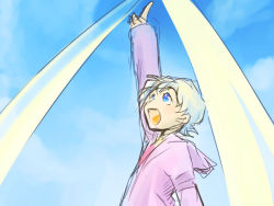 Rule 34 | 00s, 1girl, :d, blue eyes, blue sky, blush, day, hood, hooded sweater, long sleeves, nia teppelin, open mouth, pointing, pointing up, short hair, silver hair, sky, smile, solo, soyoking, sweater, tengen toppa gurren lagann, upper body
