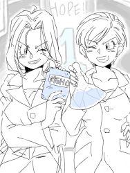 Rule 34 | 10s, 2girls, ;), bottle, bulma, dragon ball, dragon ball super, dragonball z, dual persona, earrings, greyscale, grin, jewelry, lab coat, long hair, looking at another, monochrome, multiple girls, notebook, one eye closed, short hair, smile, time paradox, yochimune