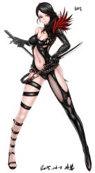 Rule 34 | 10s, 1girl, 2015, asymmetrical footwear, black hair, blade &amp; soul, bodysuit, breasts, center opening, character request, cleavage, dated, dual wielding, earrings, elbow gloves, gloves, holding, jewelry, katana, knife, large breasts, long hair, mhg (hellma), mismatched footwear, navel, ran yu (blade and soul), red eyes, sandals, short sword, signature, simple background, solo, sword, tantou, thigh strap, weapon, white background