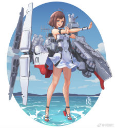 Rule 34 | 1girl, blue eyes, bob cut, brown hair, dress, full body, haikou (peoples liberation army navy), high heels, highres, legs, looking at viewer, ocean, original, outstretched hand, people&#039;s liberation army, people&#039;s liberation army navy, personification, rigging, signature, sima naoteng, solo, strappy heels, sundress, wrist cuffs