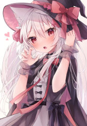 Rule 34 | 1girl, animal ear fluff, animal ears, black cape, black dress, black hat, blush, bow, cape, commentary request, dress, fang, fox ears, fox girl, fox tail, gradient background, grey background, grey hair, hair between eyes, halloween, hands up, hat, hat bow, highres, long hair, looking at viewer, open mouth, original, red bow, red eyes, ringouulu, see-through, simple background, solo, tail, twitter username, upper body, very long hair, white background, witch hat, wrist cuffs