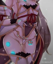 Rule 34 | 1girl, artist name, boots, breasts, brown hair, cameltoe, cleavage, cleft of venus, commentary, condylonucla, core crystal (xenoblade), english commentary, gloves, glowing, high ponytail, highres, leotard, long hair, medium breasts, nia (blade) (xenoblade), nia (xenoblade), solo, thigh boots, very long hair, white gloves, white leotard, white sleeves, xenoblade chronicles (series), xenoblade chronicles 2