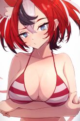 Rule 34 | 1girl, absurdres, animal ears, arms under breasts, bikini, black hair, blue eyes, blush, breasts, cleavage, collarbone, crossed arms, getto, hakos baelz, highres, holocouncil, hololive, hololive english, ifphilo, large breasts, looking at viewer, mouse (animal), mouse girl, multicolored hair, raised eyebrow, red bikini, red hair, solo, string bikini, striped bikini, striped clothes, sweat, swimsuit, upper body, virtual youtuber, white background, white hair