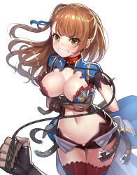 Rule 34 | 10s, 1girl, angry, animal collar, armor, arms behind back, bdsm, beatrix (granblue fantasy), belt, black gloves, blunt bangs, blush, bondage, bound, bound wrists, breasts, brown hair, cleavage, clenched teeth, collar, cowboy shot, fingerless gloves, gloves, granblue fantasy, green eyes, hair ribbon, holding, holding leash, large breasts, leash, long hair, navel, one side up, open fly, out of frame, restrained, ribbon, ririko (zhuoyandesailaer), short sleeves, simple background, solo focus, stomach, sweat, sweatdrop, teeth, thigh gap, thighhighs, torn clothes, unzipped, viewer holding leash, white background