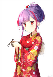 Rule 34 | 1girl, :t, basa rutan, blush, bowl, chopsticks, closed mouth, commentary request, eating, floral print, from side, highres, holding, holding bowl, holding chopsticks, japanese clothes, kimono, long sleeves, multicolored hair, original, print kimono, purple hair, red eyes, red hair, red kimono, signature, simple background, solo, streaked hair, v-shaped eyebrows, white background, wide sleeves
