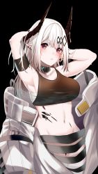 Rule 34 | 1girl, :t, arknights, armband, armpits, arms behind head, arms up, bandages, bare shoulders, black background, black choker, blush, breasts, chest sarashi, choker, commentary, cowboy shot, crop top, eix2, english commentary, groin, highres, horns, infection monitor (arknights), large breasts, long hair, looking at viewer, material growth, midriff, mudrock (arknights), mudrock (elite ii) (arknights), navel, oripathy lesion (arknights), pointy ears, red eyes, sarashi, simple background, solo, sports bra, standing, stomach, white hair