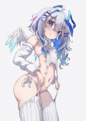 Rule 34 | 1girl, absurdres, amane kanata, angel, angel wings, ass, blue hair, blue nails, colored inner hair, detached sleeves, flat chest, garter straps, grey hair, hair ornament, hairclip, highres, hololive, juu p, looking at viewer, medium hair, meme attire, multicolored hair, nail polish, navel, purple eyes, simple background, stomach, thighhighs, virgin destroyer sweater, virtual youtuber, white background, wings, x hair ornament