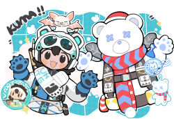 Rule 34 | 1boy, 1girl, :3, a-13 sentry, animal costume, animal ears, animal hands, animification, apex legends, bear costume, bear ears, black eyes, blush, brudda bear gibraltar, echo (apex legends), fake animal ears, fang, gibraltar (apex legends), gloves, goggles, goggles on headwear, headphones, helmet, highres, ice cold vantage, jacket, leaning to the side, looking at viewer, official alternate costume, open hands, open mouth, paw gloves, scarf, smile, stamp mark, upper body, vantage (apex legends), white jacket, white scarf, yuuu (maruunaka)