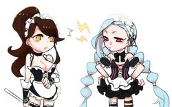 Rule 34 | 2girls, apron, artist request, blue hair, bow, braid, breast envy, breasts, brown hair, cleavage, french maid nidalee, frills, jinx (league of legends), large breasts, league of legends, long hair, maid, maid apron, maid headdress, multiple girls, nidalee, pink eyes, ponytail, ribbon, skirt, twin braids, very long hair, yellow eyes