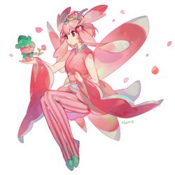 Rule 34 | 10s, 1girl, ^ ^, artist name, bare shoulders, closed eyes, colored stripes, creatures (company), detached sleeves, fomantis, full body, game freak, gen 7 pokemon, hairband, holding, japanese clothes, kimono, lurantis, namie-kun, nintendo, pantyhose, personification, petals, pink hair, pink pantyhose, pokemon, pokemon (creature), pokemon sm, praying mantis, red eyes, sash, short hair, short sleeves, simple background, sitting, sleeveless, sleeveless kimono, striped, white background, wide sleeves