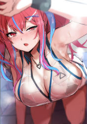 Rule 34 | azur lane, breasts, bremerton (azur lane), bremerton (scorching-hot training) (azur lane), cleavage, crop top, crop top overhang, heart, heart necklace, highres, holding, holding racket, ipuu (el-ane koubou), large breasts, mole, multicolored hair, necklace, official alternate costume, pink eyes, pink hair, racket, shirt, skirt, sleeveless, sleeveless shirt, solo, sportswear, streaked hair, sweat, tennis uniform, twintails, two-tone shirt, two-tone skirt, white skirt