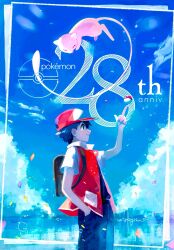 Rule 34 | 1boy, anniversary, black hair, black shirt, closed mouth, cloud, commentary, creatures (company), day, game freak, gen 1 pokemon, hand in pocket, hanenbo, hat, highres, index finger raised, jacket, legendary pokemon, male focus, mew (pokemon), mythical pokemon, nintendo, outdoors, pants, poke ball, poke ball (basic), pokemon, pokemon (creature), pokemon rgby, red (pokemon), red headwear, shirt, short hair, sky, smile