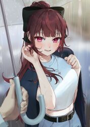 Rule 34 | 1girl, belt, black bow, black jacket, bow, brown hair, copyright request, denim, disembodied hand, hair bow, highres, jacket, jeans, jewelry, midriff peek, necklace, pants, pendant, pink nails, ponytail, red eyes, smile, suit jacket, umbrella, ye jji