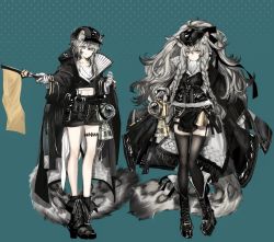 Rule 34 | 2girls, adapted costume, animal ear fluff, animal ears, arknights, bell, belt, big hair, black belt, black coat, black dress, black footwear, black headwear, black legwear, black shorts, blue background, blue eyes, boots, braid, cliffheart (arknights), closed mouth, coat, cross-laced footwear, dress, fold-over boots, gloves, grey eyes, grey hair, hat, highres, holding, knees together feet apart, lantern, large tail, leopard tail, looking at viewer, material growth, multiple girls, narue, oripathy lesion (arknights), platform footwear, pramanix (arknights), short dress, shorts, side braids, smile, tail, thighhighs, twin braids, whistle, white gloves, zettai ryouiki