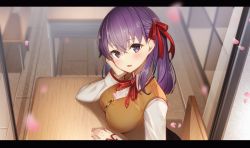 Rule 34 | 1girl, arm rest, breasts, brown vest, chair, classroom, collared shirt, cross print, desk, fate/stay night, fate (series), hair ribbon, hand on own cheek, hand on own face, highres, homurahara academy school uniform, indoors, large breasts, long hair, matou sakura, neck ribbon, onigirisss, purple eyes, purple hair, red ribbon, ribbon, school chair, school desk, school uniform, shirt, solo, vest, white shirt, window