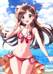Rule 34 | 1girl, antenna hair, bare shoulders, beach, bikini, blush, bracelet, breasts, brown hair, cleavage, cloud, cloudy sky, collarbone, cowboy shot, day, dot nose, front-tie bikini top, front-tie top, hair ornament, hair ribbon, hairclip, hand up, highres, idolmaster, idolmaster cinderella girls, idolmaster cinderella girls starlight stage, jewelry, lens flare, long hair, looking at viewer, medium breasts, navel, ocean, open hand, open mouth, outdoors, overskirt, plaid, plaid bikini, plaid ribbon, red bikini, red eyes, red ribbon, ribbon, side-tie bikini bottom, sky, smile, solo, splashing, standing, sutoroa, swimsuit, tsujino akari
