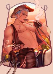 Rule 34 | 1boy, absurdres, astrozure, bara, bare pectorals, belt buckle, brown gloves, brown vest, buckle, chaps, cigar, cowboy, cowboy hat, cowboy shot, earrings, gloves, grey hair, hat, highres, holding lasso, horseback riding, jewelry, large pectorals, lasso, looking ahead, love handles, male focus, mouth hold, muscular, muscular male, navel, nipples, one piece, open mouth, pectorals, riding, rope, scar, scar across eye, scar on chest, scar on face, smoke, smoker (one piece), solo, stitched face, stitches, strongman waist, sunset, thick eyebrows, vest, western