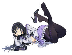 Rule 34 | 1girl, akemi homura, arm support, black footwear, black hair, black sailor collar, breasts, brown pantyhose, closed mouth, feet, foot focus, from behind, full body, grey shirt, hair spread out, head rest, high heels, highres, long hair, long sleeves, looking at viewer, looking back, mahou shoujo madoka magica, mahou shoujo madoka magica (anime), medium breasts, miniskirt, pantyhose, pleated skirt, purple eyes, purple sailor collar, purple skirt, ruukii drift, sailor collar, school uniform, serafuku, shirt, shoe dangle, shoes, unworn shoes, simple background, skirt, solo, toes, white background