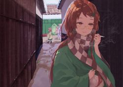 Rule 34 | 3girls, :3, alley, black footwear, book, boots, bright pupils, brown eyes, brown hair, brown scarf, building, checkered clothes, checkered scarf, cigarette, closed mouth, commentary request, futatsuiwa mamizou, futatsuiwa mamizou (human), green robe, hair ornament, hat, highres, holding, holding book, holding cigarette, leaf hair ornament, leg wrap, light smile, long hair, long sleeves, looking down, motoori kosuzu, multiple girls, pom pom (clothes), purple robe, reisen udongein inaba, road, robe, round eyewear, scarf, semi-rimless eyewear, smoke, smoking, straw hat, touhou, upper body, wide sleeves, yamabuki (yamabuki xxxxx)