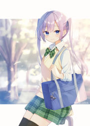 Rule 34 | 1girl, bag, black thighhighs, blue eyes, blue ribbon, blush, bow, bowtie, collared shirt, commentary request, green bow, green bowtie, green skirt, hair ribbon, highres, holding strap, light purple hair, light smile, long hair, long sleeves, looking at viewer, miniskirt, original, plaid, plaid bow, plaid bowtie, plaid neckwear, plaid skirt, ribbon, school uniform, shirai tanuki, shirt, shoulder bag, sitting, skirt, sleeves rolled up, solo, sweater vest, thighhighs, twintails, twitter username, white shirt