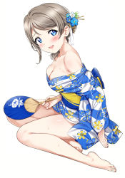 Rule 34 | 1girl, absurdres, alternate hairstyle, bare shoulders, barefoot, blue eyes, blue kimono, blush, breasts, cleavage, collarbone, feet, flower, full body, grey hair, hair between eyes, hair flower, hair ornament, hand fan, highres, japanese clothes, kimono, legs, looking at viewer, love live!, love live! school idol festival, love live! sunshine!!, medium breasts, sankuro (agoitei), scan, short hair, simple background, sitting, solo, sweat, toes, watanabe you, white background, yukata