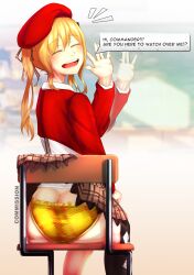Rule 34 | 1girl, absurdres, ass, beret, blush, butt crack, chair, checkered clothes, checkered skirt, closed eyes, commentary, commission, english commentary, english text, eyebrows hidden by hair, facing viewer, girls&#039; frontline, hat, highres, long hair, open mouth, pakdeus, panties, single thighhigh, sitting, skirt, solo, speech bubble, sten mkii (girls&#039; frontline), teeth, thighhighs, tongue, twintails, underwear, waving, yellow panties