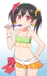 Rule 34 | &gt;:), 10s, 1girl, bad id, bad pixiv id, bikini, black hair, bow, earrings, goyain, hand on own hip, highres, jewelry, looking at viewer, love live!, love live! school idol festival, love live! school idol project, natsuiro egao de 1 2 jump!, red eyes, scrunchie, simple background, smile, solo, star (symbol), star earrings, swimsuit, toothbrush, twintails, v-shaped eyebrows, white background, yazawa nico