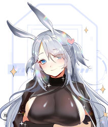Rule 34 | 1girl, absurdres, animal ears, arknights, asymmetrical bangs, black cloak, black gloves, blue eyes, blush, breast hold, breasts, cloak, crossed arms, fh moya, gloves, hair over one eye, highres, large breasts, lips, long hair, looking at viewer, parted bangs, rabbit ears, savage (arknights), short twintails, sideboob, silver hair, simple background, smile, solo, sparkle, twintails, two side up, upper body, white background