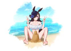 Rule 34 | 1girl, absurdres, animal ears, bad id, bad pixiv id, bare shoulders, barefoot, beach, bikini, blue flower, blue headwear, blue rose, blue sky, bottomless, brown hair, commentary request, day, double v, excellolang, flower, grin, hair flower, hair ornament, hair over one eye, hands up, highres, horse ears, long hair, looking at viewer, ocean, off-shoulder bikini, off shoulder, outdoors, purple eyes, rice shower (umamusume), rose, sand castle, sand sculpture, sitting, sky, smile, solo, stomach, swimsuit, umamusume, v, water, white bikini