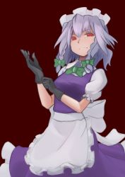 Rule 34 | 1girl, apron, black gloves, bow, braid, frilled apron, frills, gloves, green bow, hair bow, hitsune, izayoi sakuya, maid apron, maid headdress, puffy short sleeves, puffy sleeves, red background, red eyes, short sleeves, silver hair, smile, touhou, twin braids