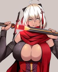 Rule 34 | 1girl, absurdres, ahoge, arm guards, bad id, bad twitter id, black bow, bow, breasts, cleavage cutout, clothing cutout, dark-skinned female, dark skin, fate/grand order, fate (series), hair between eyes, hair bow, highres, holding, holding sword, holding weapon, hz (666v), katana, koha-ace, large breasts, long hair, looking at viewer, okita souji (fate), okita souji alter (fate), okita souji alter (first ascension) (fate), over view (cam), red scarf, scarf, short hair, solo, sword, tassel, weapon, white hair, yellow eyes