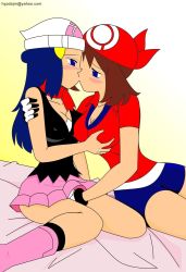 Rule 34 | bed, blue eyes, blue hair, blush, grabbing another&#039;s breast, breasts, brown hair, creatures (company), crotch grab, dawn (pokemon), covered erect nipples, fingering, game freak, grabbing, hand under clothes, hand under skirt, highres, kiss, may (pokemon), nintendo, nipples, pokemon, yuri
