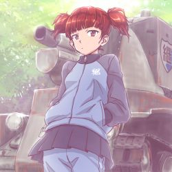 Rule 34 | 10s, 1girl, :o, backlighting, bad id, bad pixiv id, brown hair, bt-42, chimaki (u9works), cowboy shot, emblem, girls und panzer, hands in pockets, jacket, mikko (girls und panzer), military, military vehicle, motor vehicle, muted color, pants, pants under skirt, purple eyes, school uniform, short hair, short twintails, solo, tank, track jacket, track pants, track suit, twintails