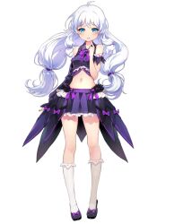 Rule 34 | ahoge, asymmetrical sleeves, bare shoulders, blue eyes, bow, bowtie, detached sleeves, frilled shirt, frilled skirt, frills, hand on own cheek, hand on own face, kneehighs, long hair, low-tied long hair, miniskirt, navel, official art, overskirt, purple bow, purple bowtie, purple footwear, purple shirt, purple skirt, shirt, simple background, single detached sleeve, skirt, sleeveless, sleeveless shirt, socks, soulworker, stella unibell, white hair