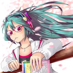 Rule 34 | 1girl, alternate eye color, bespectacled, black shirt, blue hair, blush, boru (ochagashi), box, commentary request, dutch angle, food, food in mouth, glasses, hair between eyes, hair ornament, hatsune miku, headphones, holding, holding box, hood, hood down, hoodie, jewelry, long hair, looking at viewer, necklace, open clothes, open hoodie, pink-framed eyewear, pink eyes, pocky, shirt, solo, upper body, very long hair, vocaloid, white hoodie
