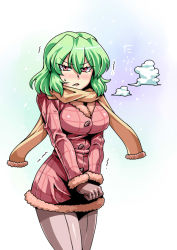 Rule 34 | &gt;:&lt;, 1girl, :&lt;, alternate costume, angry, breasts, brown gloves, closed mouth, gloves, green hair, jacket, kazami yuuka, large breasts, long sleeves, looking at viewer, pants, pantyhose, red eyes, scarf, solo, touhou, trembling, triangle mouth, tsurime, tukiwani, v-shaped eyebrows, winter clothes