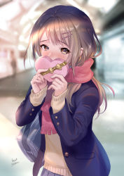 Rule 34 | 1girl, bag, blazer, blurry, blurry background, blush, bow, box, brown bow, brown eyes, brown hair, commentary request, covering face, depth of field, embarrassed, enpera, gift, hair ornament, hairclip, heart-shaped box, highres, holding, holding gift, jacket, long hair, looking at viewer, midori foo, nose blush, open clothes, open jacket, original, pink scarf, purple jacket, scarf, school bag, school uniform, signature, solo, unbuttoned, valentine