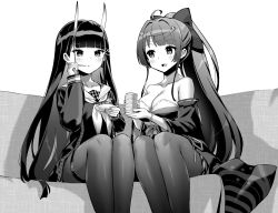 Rule 34 | 2girls, agano (azur lane), azur lane, bare shoulders, breasts, cleavage, couch, cup, detached sleeves, greyscale, hair ornament, hair ribbon, hairclip, holding, holding cup, hori (hori no su), horns, japanese clothes, large breasts, long hair, long sleeves, monochrome, multiple girls, neckerchief, noshiro (azur lane), off shoulder, official art, pantyhose, ribbon, sailor collar, school uniform, sitting, very long hair, x hair ornament