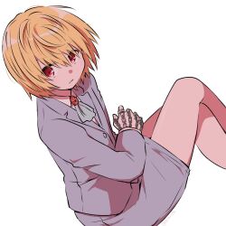 Rule 34 | 1other, alternate costume, androgynous, ascot, blonde hair, crossed legs, formal, from above, highres, hunter x hunter, jewelry, kurapika, long sleeves, looking at viewer, miniskirt, multiple rings, pitsuuta, red eyes, ring, shirt, short hair, simple background, sitting, skirt, solo, suit, thumb ring, white ascot, white background, white shirt, white suit